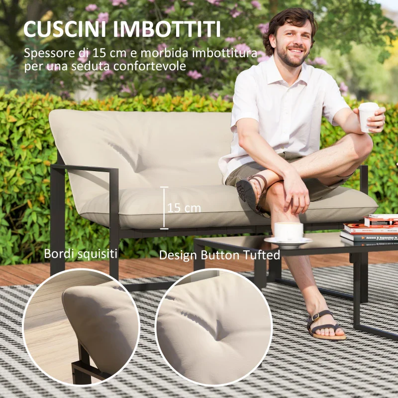 Outsunny Set da Giardino 4 Pezzi con Divanetto, 2 Poltrone e Tavolino, in Acciaio, Poliestere e Cotone PP, Beige e Grigio - Image 11
