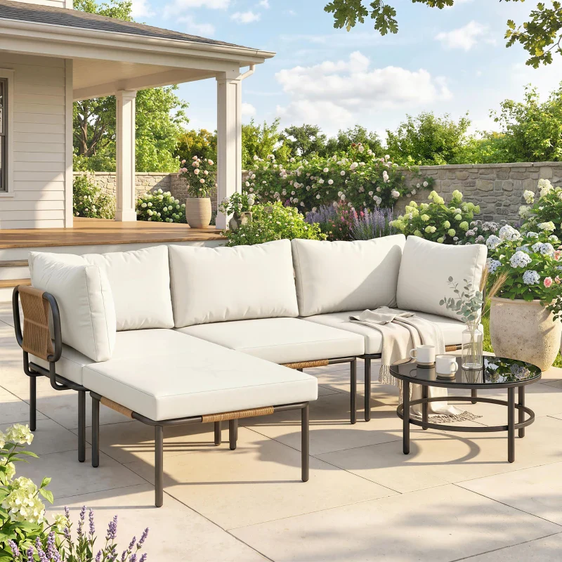 Outsunny Set da Giardino 5 Pezzi in Rattan Modulabile con Divano a L, Tavolino e Cuscini, Cachi - Image 11