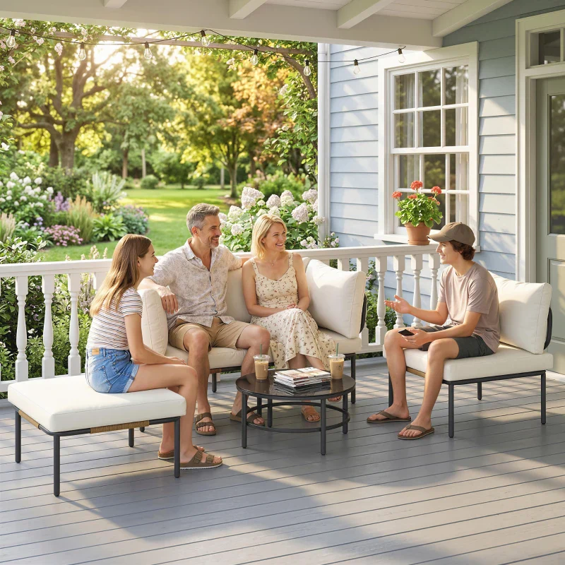 Outsunny Set da Giardino 5 Pezzi in Rattan Modulabile con Divano a L, Tavolino e Cuscini, Cachi - Image 12