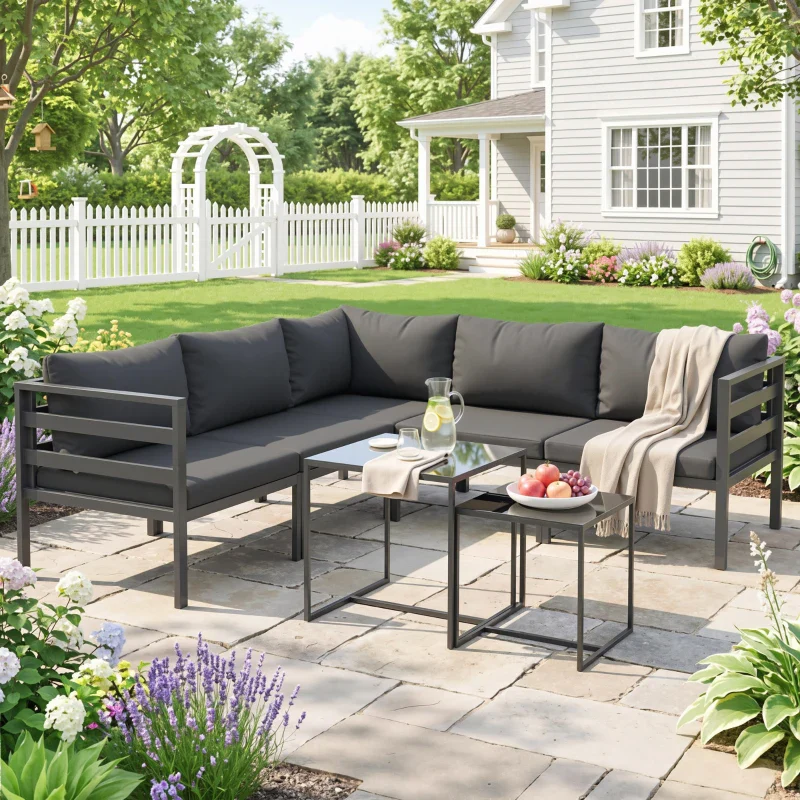 Outsunny Set da Giardino 7 Pezzi in Acciaio e Poliestere con 5 Sedie con Cuscini e 2 Tavolini da Caffè, Grigio - Image 9