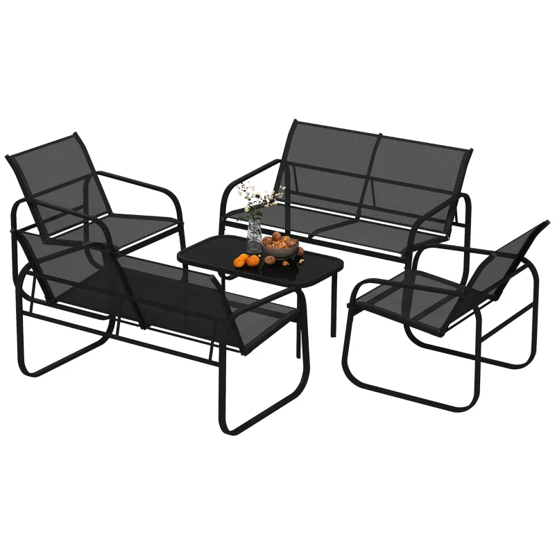 Outsunny Set da Giardino con 2 Divani 2 Posti, 2 Poltrone e un Tavolino da Caffè con Piano in Vetro, Nero