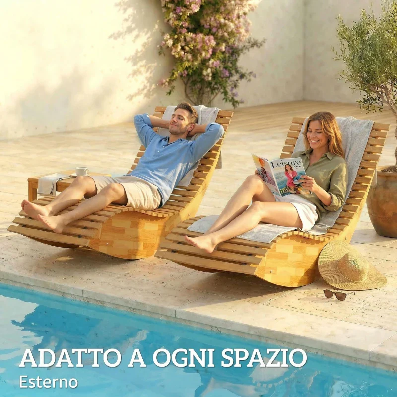 Outsunny Set di 2 Sedia Dondolo Esterno, Sdraio Pieghevole Ergonomica Legno Acacia, Naturale. - Image 5
