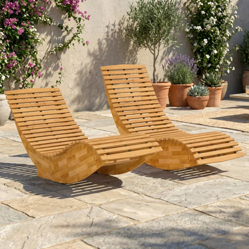 Outsunny Set di 2 Sedia Dondolo Esterno, Sdraio Pieghevole Ergonomica Legno Acacia, Naturale. - Image 9