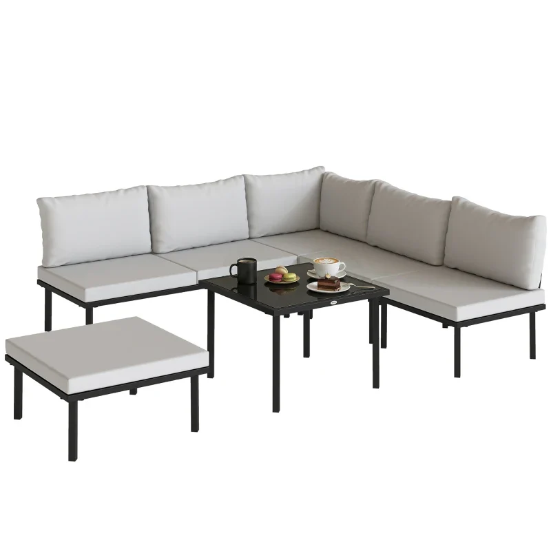 Outsunny Set Mobili Giardino Metallo 6 Persone, Divano Angolare Cuscini, Grigio Chiaro - Image 4