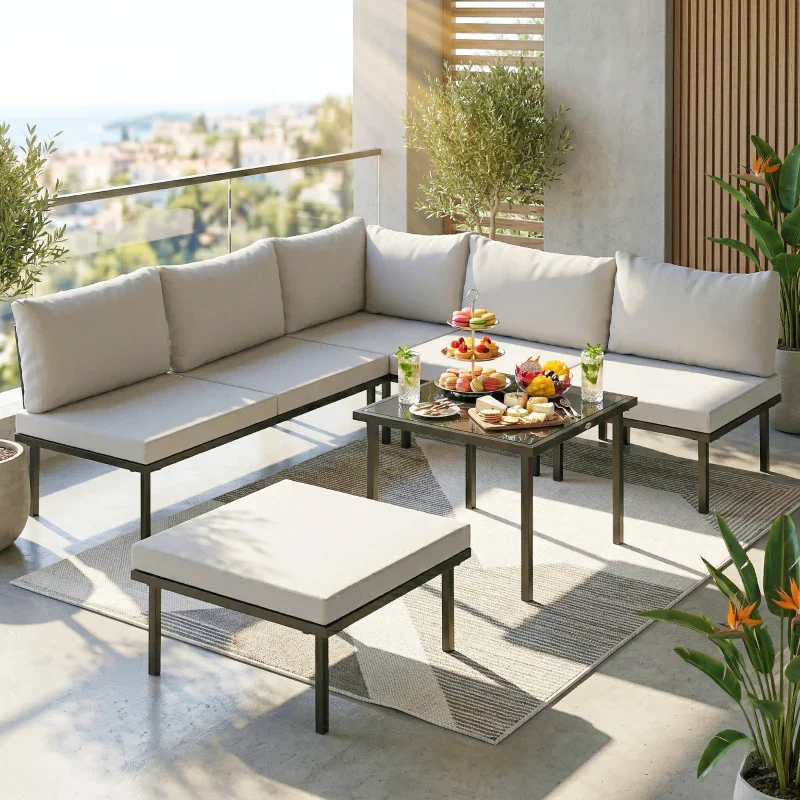 Outsunny Set Mobili Giardino Metallo 6 Persone, Divano Angolare Cuscini, Grigio Chiaro - Image 9