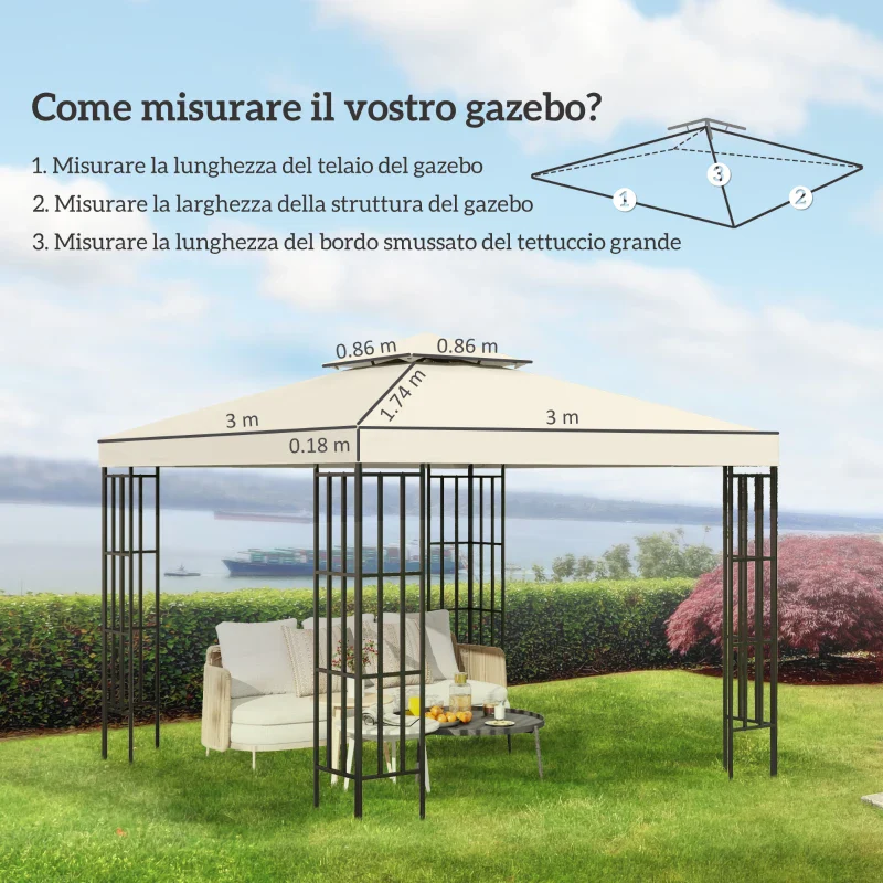 Outsunny Telo Gazebo 3x3 m a 2 Livelli in Poliestere Resistente, Copertura Gazebo 3x3 con 8 Fori di Drenaggio e Cinghie in chiusura a strappo, Crema - Image 10