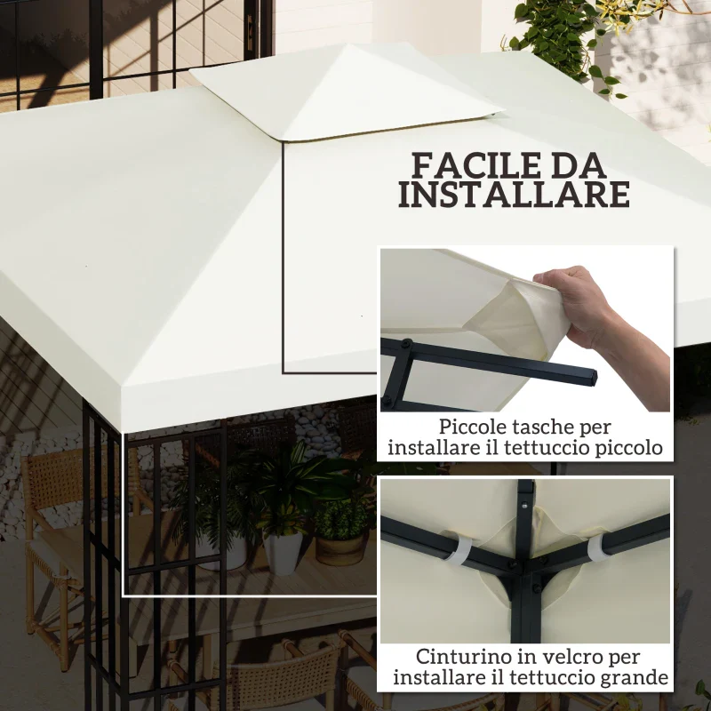 Outsunny Telo Gazebo 3x3 m a 2 Livelli in Poliestere Resistente, Copertura Gazebo 3x3 con 8 Fori di Drenaggio e Cinghie in chiusura a strappo, Crema - Image 7