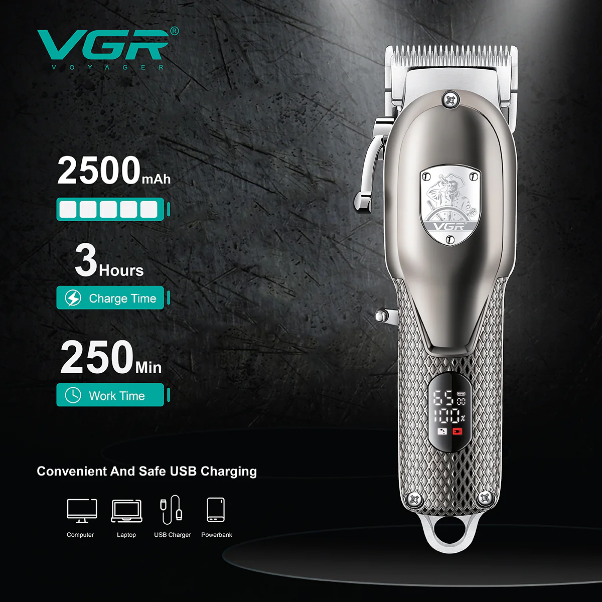 VGR Rasoio Capelli | Professionale | Taglia Capelli | in Metallo | Ricarica | USB | VGR V-276 - Image 2