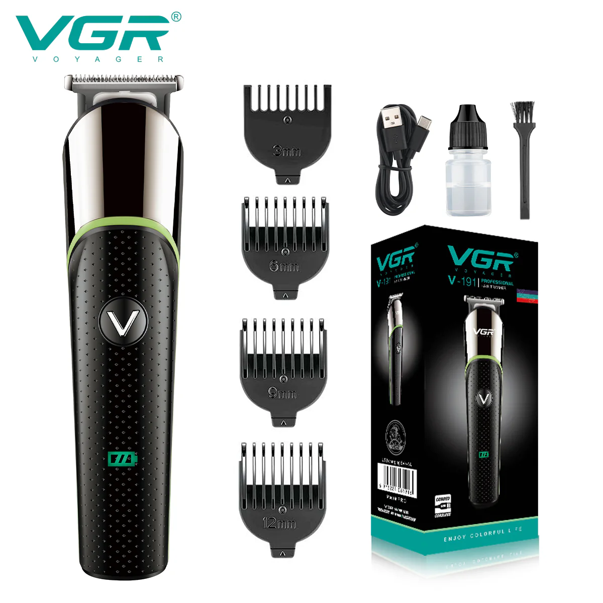 VGR Rasoio Professionale | Barba | Ricaricabile senza Fili | con Pettini Guida | USB | V-191