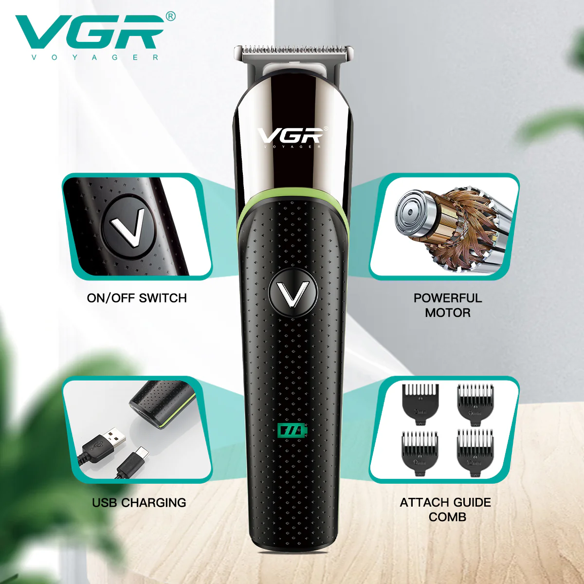 VGR Rasoio Professionale | Barba | Ricaricabile senza Fili | con Pettini Guida | USB | V-191 - Image 5