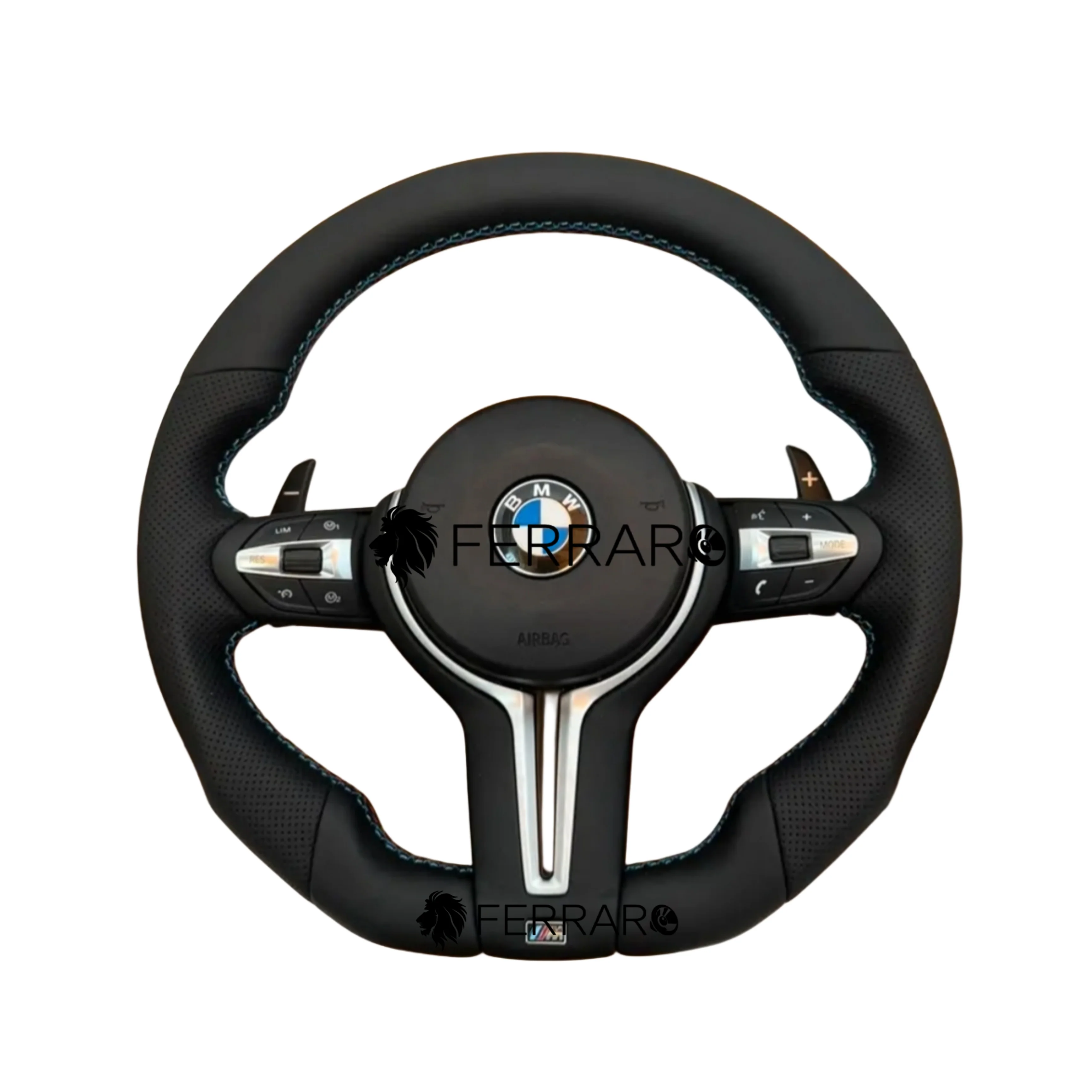 (PRENOTA) Volante per BMW, Pelle Nera, Filo Tricolore, Sport
