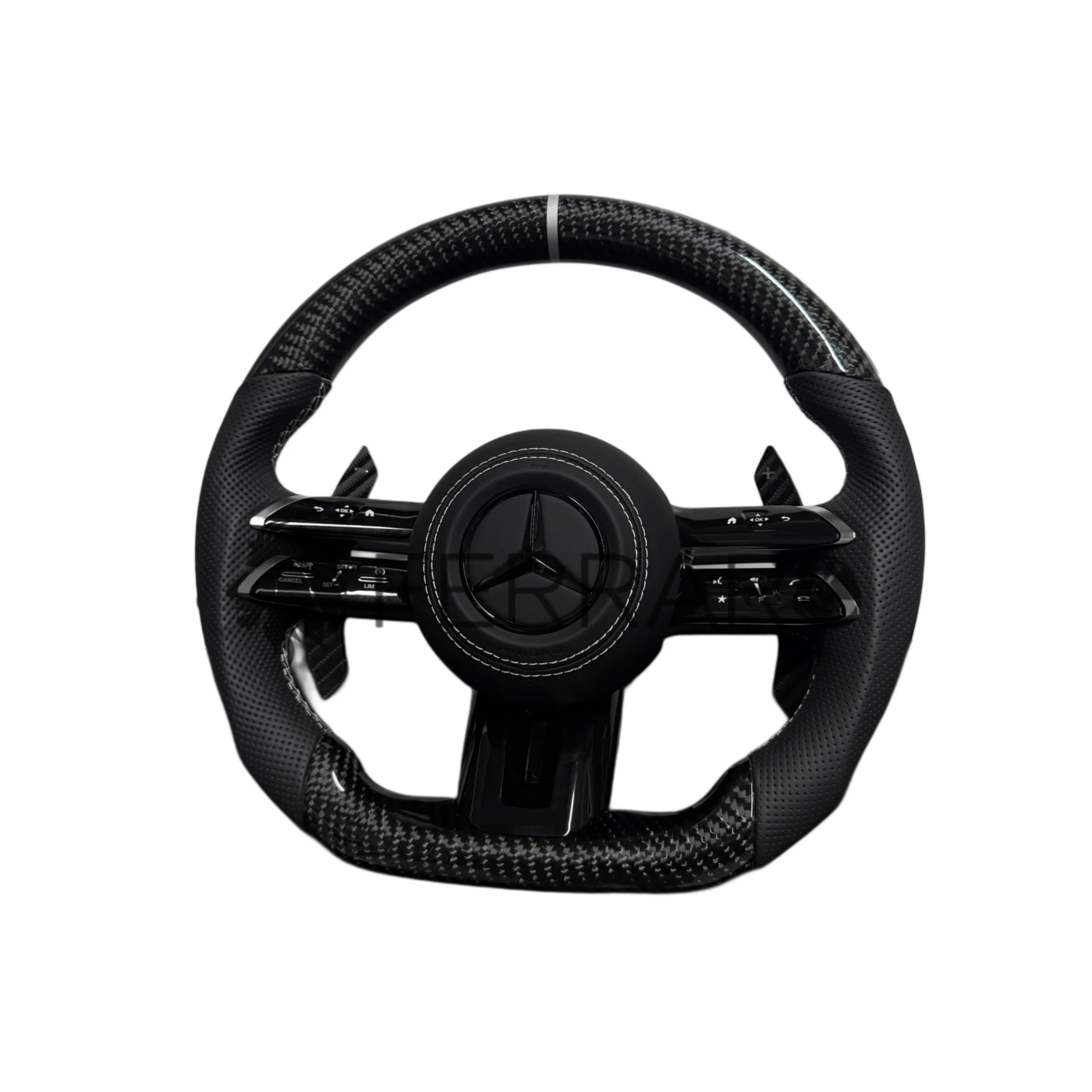 (PRENOTA) Volante per Mercedes, Carbonio Diagonale, Etichetta Bianca, Punzonatura Nera, Palette Coda di Rondine, Linea Bianca, AMG