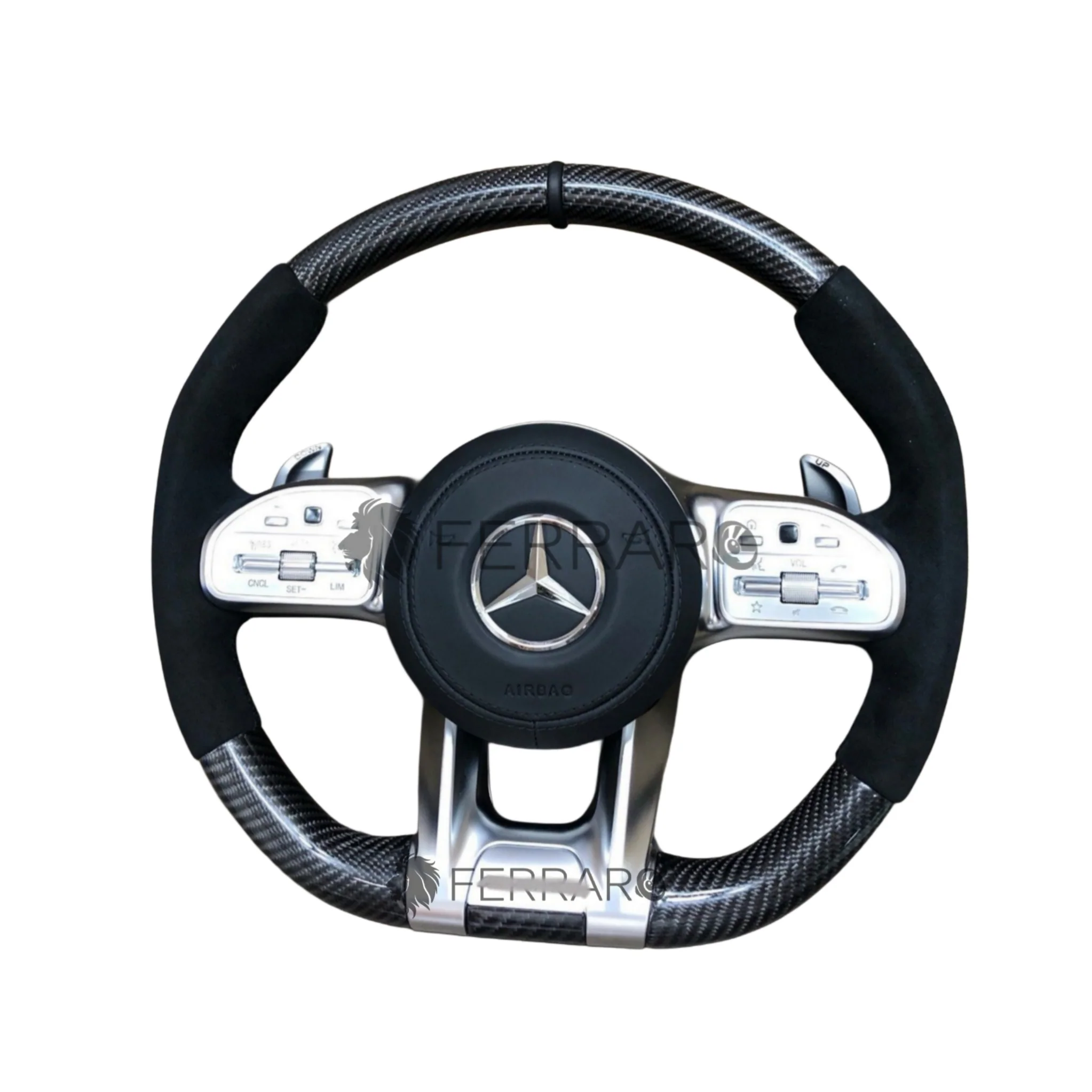 (PRENOTA)Volante per Mercedes, Carbonio Diagonale, Etichetta Pelle Nera, Filo Nero, Galvanica, AMG