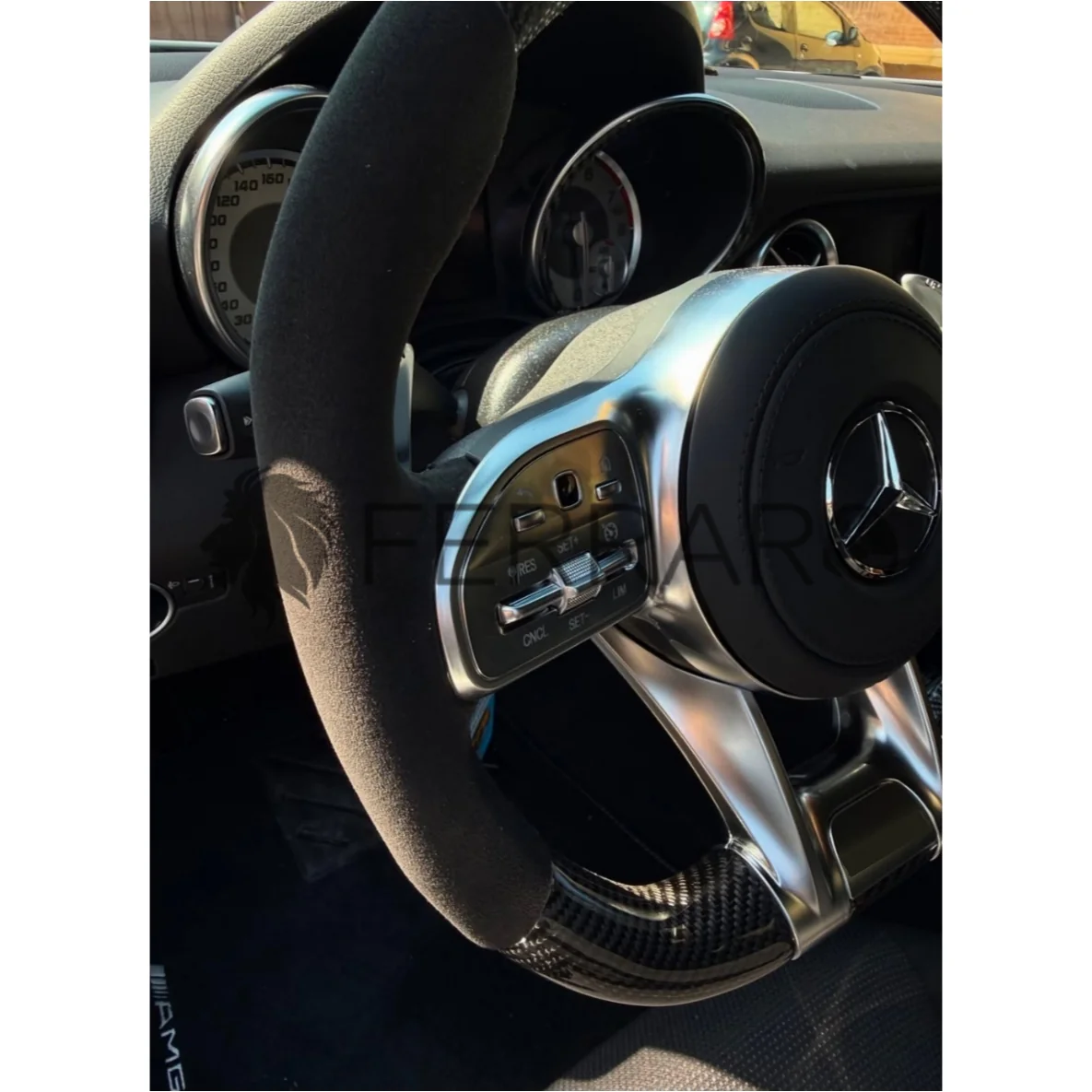 (PRENOTA)Volante per Mercedes, Carbonio Diagonale, Etichetta Pelle Nera, Filo Nero, Galvanica, AMG - Image 3