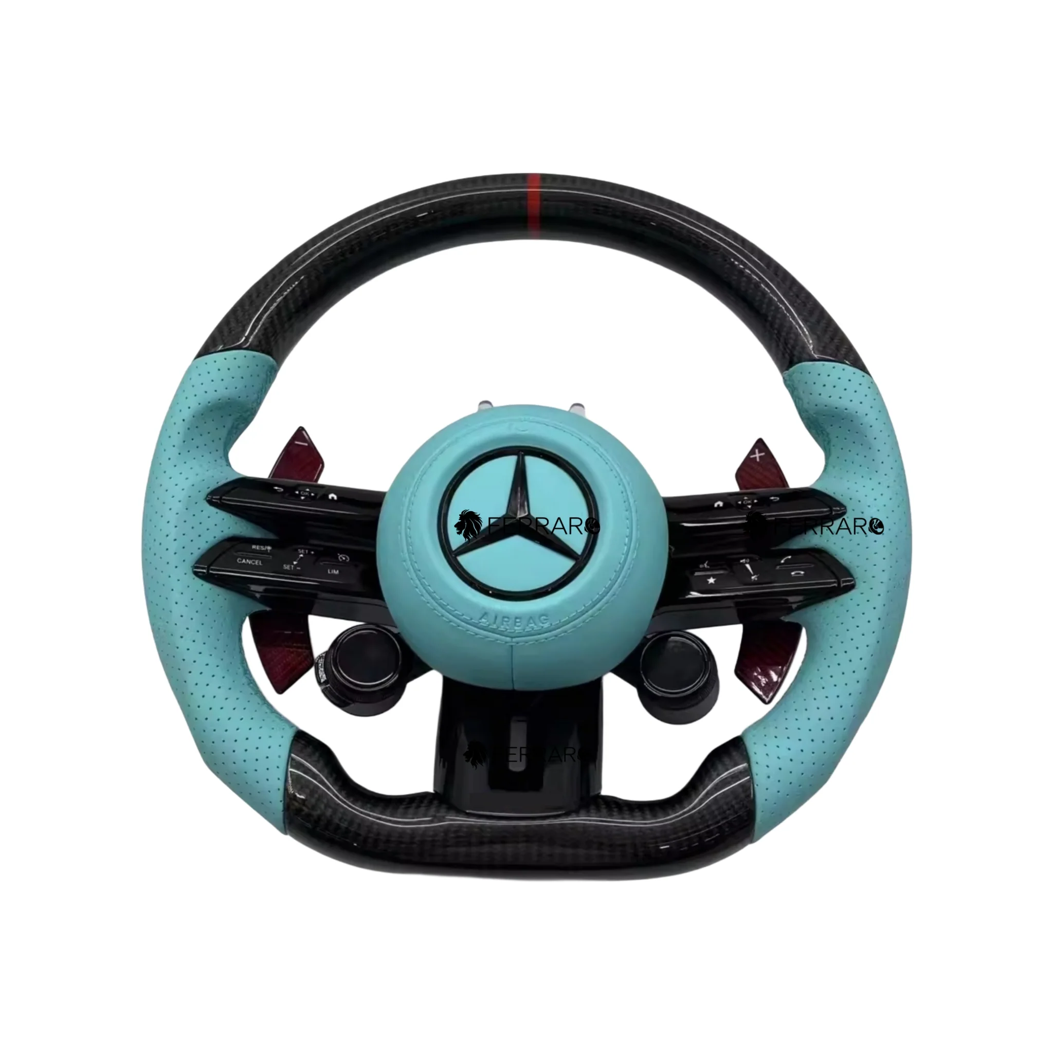 (PRENOTA) Volante per Mercedes, Carbonio Diagonale, Etichetta Rossa, Punzonatura Blu Tiffany, AMG