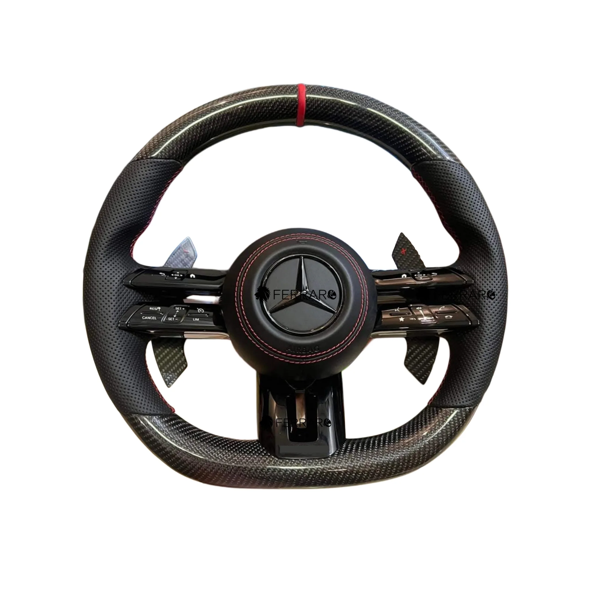 (PRENOTA) Volante per Mercedes, Carbonio Diagonale, Etichetta Rossa, Punzonatura Nera, Palette Coda di Rondine, Linea Bianca, AMG
