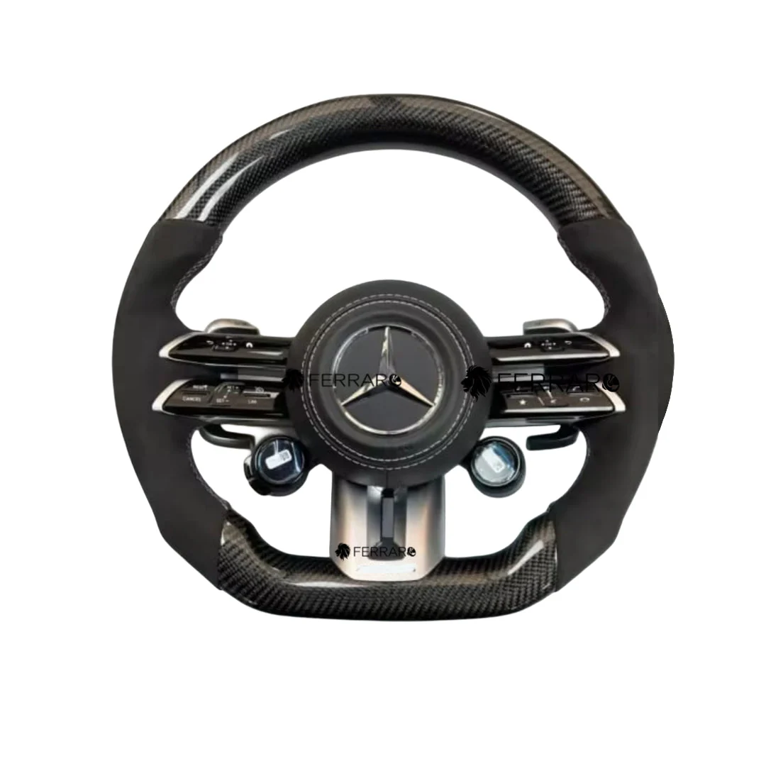 (PRENOTA) Volante per Mercedes, Carbonio Diagonale, Pelle Scamosciata, Galvanica, Linea Bianca, Pomelli AMG