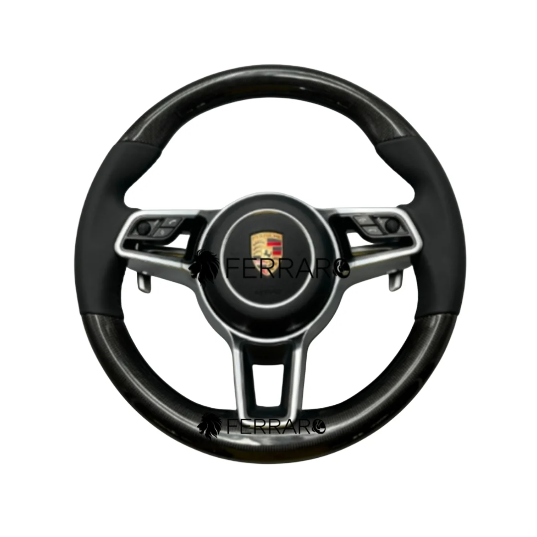 (PRENOTA) Volante per Porsche, Carbonio Diagonale, Paletta Corta, Senza Etichetta, Galvanica, Pelle Nera, Filo Nero