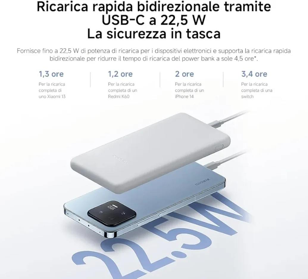 Xiaomi PowerBank 22.5W, 10000 mAh, Lite-Ricarica Rapida, Bianco - Image 7